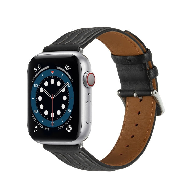 Embossed Line Genuine Leather Watch Band For Apple Watch SE 44mm(Black) - Watch Bands by PMC TechLife | Online Shopping South Africa | PMC TechLife
