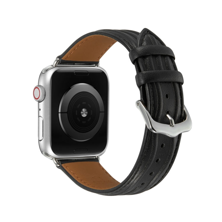 Embossed Line Genuine Leather Watch Band For Apple Watch SE 44mm(Black) - Watch Bands by PMC TechLife | Online Shopping South Africa | PMC TechLife