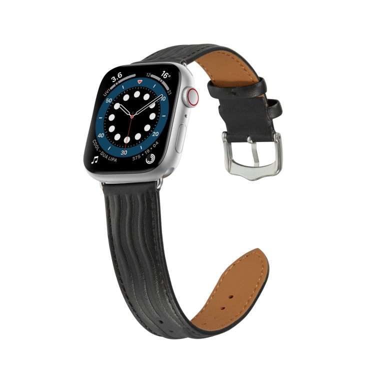 Embossed Line Genuine Leather Watch Band For Apple Watch 38mm(Black) - Watch Bands by PMC TechLife | Online Shopping South Africa | PMC TechLife