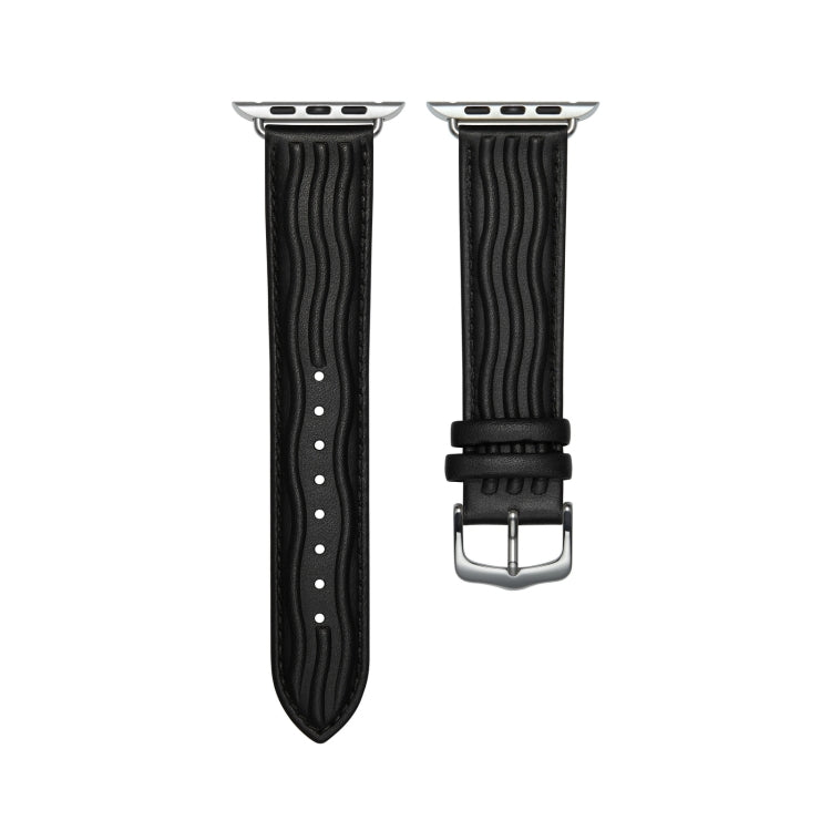 Embossed Line Genuine Leather Watch Band For Apple Watch SE 2023 44mm(Black) - Watch Bands by PMC TechLife | Online Shopping South Africa | PMC TechLife