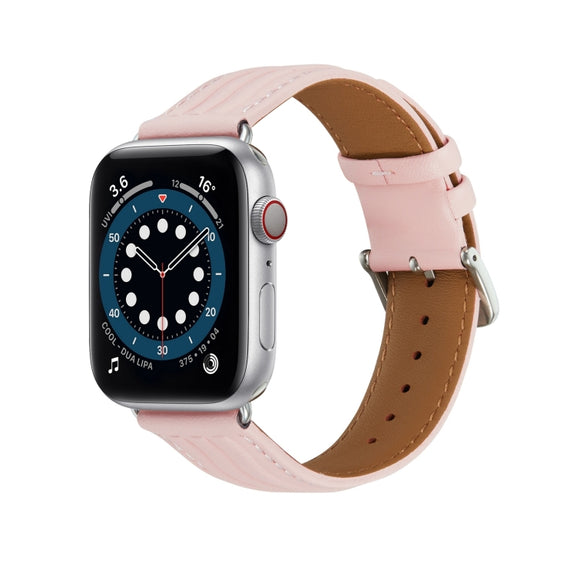 Embossed Line Genuine Leather Watch Band For Apple Watch SE 2023 44mm(Pink)