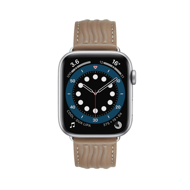 Embossed Line Genuine Leather Watch Band For Apple Watch SE 2023 44mm(Milky Brown) - Watch Bands by PMC TechLife | Online Shopping South Africa | PMC TechLife