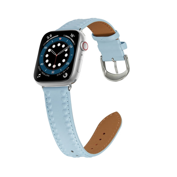 Embossed Love Genuine Leather Watch Band For Apple Watch SE 40mm(Blue)