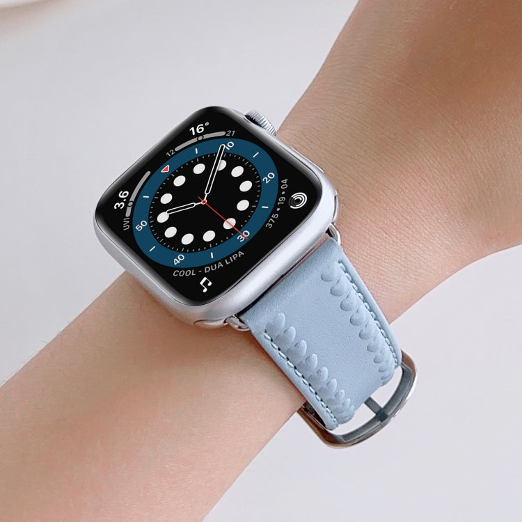 Embossed Love Genuine Leather Watch Band For Apple Watch SE 44mm(Blue)
