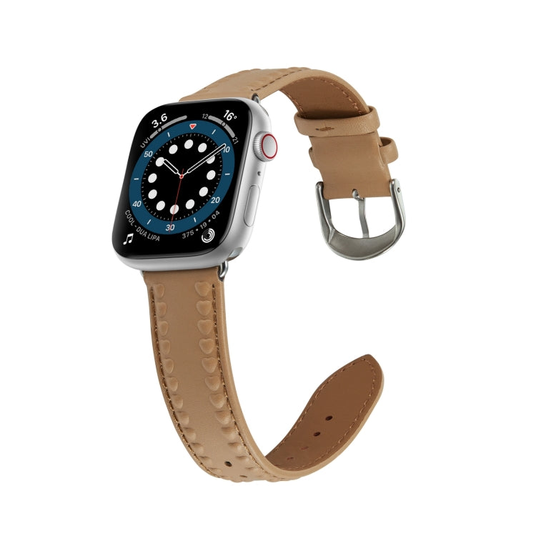 Embossed Love Genuine Leather Watch Band For Apple Watch 6 44mm(Khaki) - Watch Bands by PMC TechLife | Online Shopping South Africa | PMC TechLife