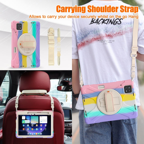 For Xiaomi Pad 6 / Pad 6 Pro Silicone Hybrid PC Tablet Case with Grip & Shoulder Strap(Colorful Pink)