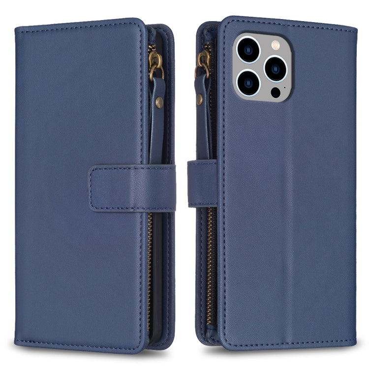 For iPhone 14 Pro Max 9 Card Slots Zipper Wallet Leather Flip Phone Case(Blue) - free shipping - PMC TechLife - Order now!
