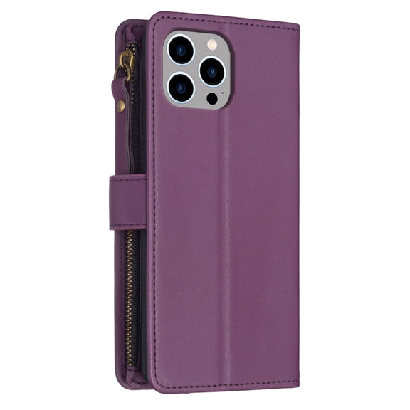 For iPhone 14 Pro 9 Card Slots Zipper Wallet Leather Flip Phone Case(Dark Purple)