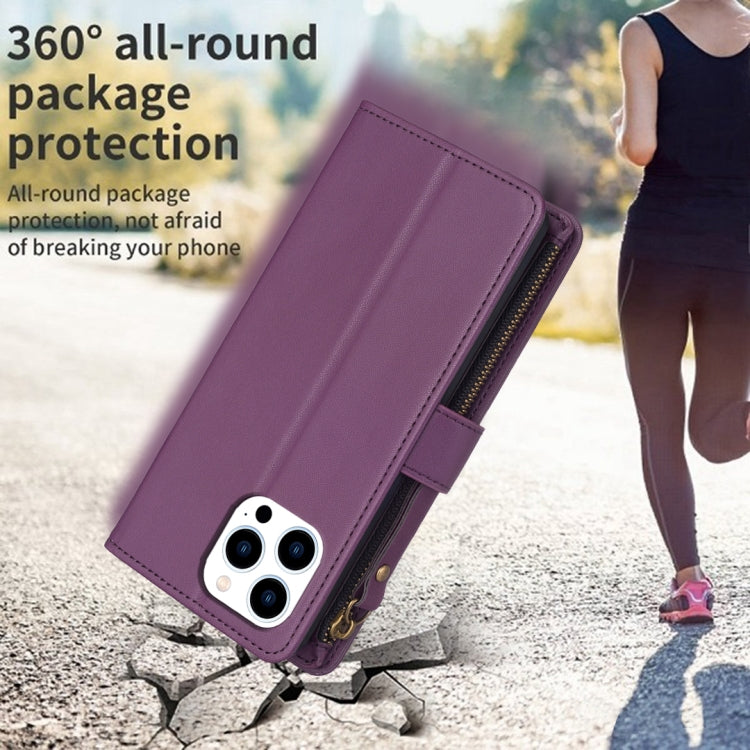 For iPhone 15 Pro 9 Card Slots Zipper Wallet Leather Flip Phone Case(Dark Purple)
