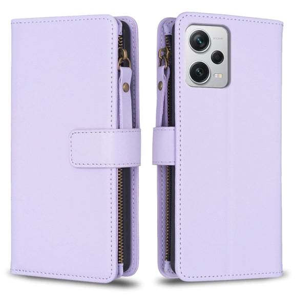 For Xiaomi Redmi Note 12 Pro+ 5G Global 9 Card Slots Zipper Wallet Leather Flip Phone Case(Light Purple)