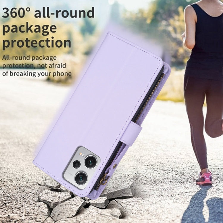 For Xiaomi Redmi Note 12 Pro+ 5G Global 9 Card Slots Zipper Wallet Leather Flip Phone Case(Light Purple)