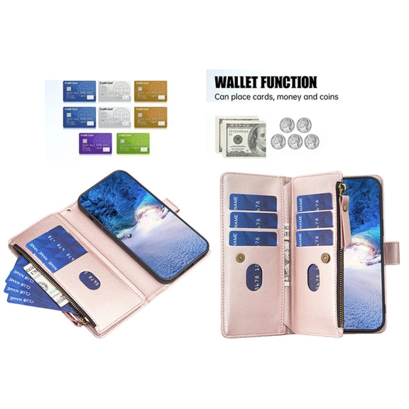 For Samsung Galaxy S22+ 5G 9 Card Slots Zipper Wallet Leather Flip Phone Case(Rose Gold)