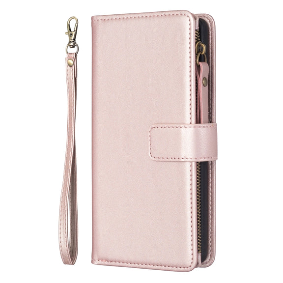For Samsung Galaxy S23 FE 5G 9 Card Slots Zipper Wallet Leather Flip Phone Case(Rose Gold)
