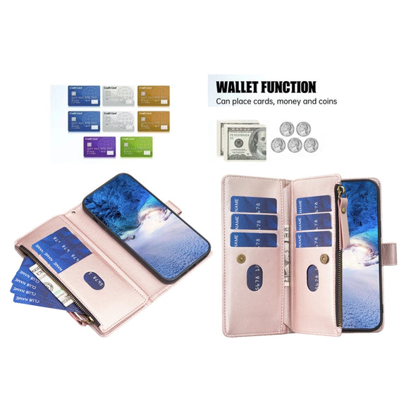 For Samsung Galaxy S23 FE 5G 9 Card Slots Zipper Wallet Leather Flip Phone Case(Rose Gold)