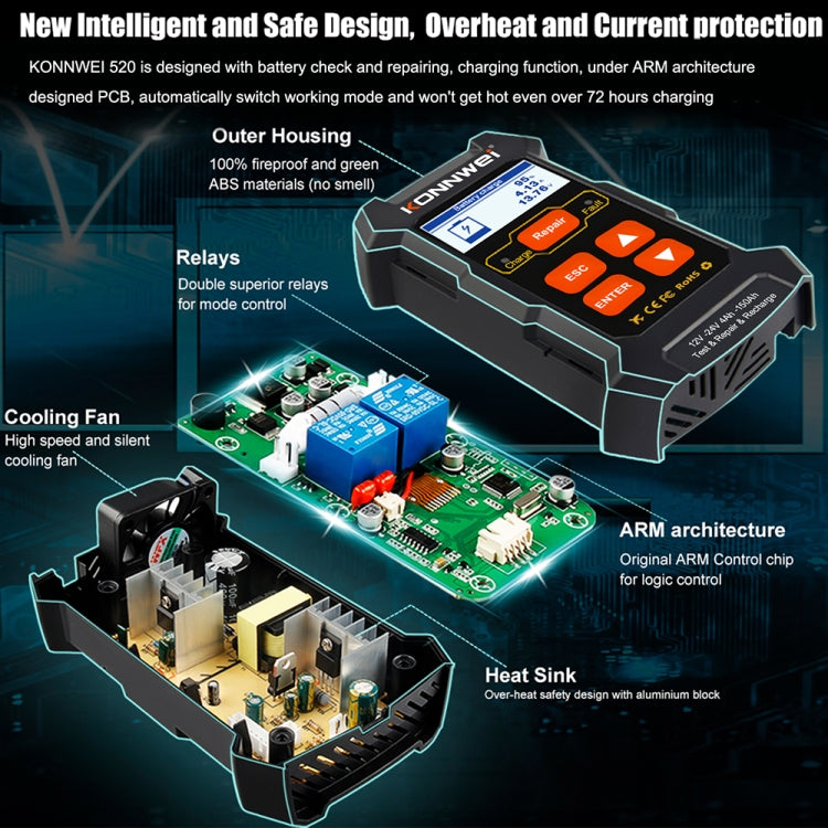 KONNWEI KW520 12V / 24V 3 in 1 Car Battery Tester with Detection & Repair & Charging Function(US Plug) - free shipping - PMC TechLife - Order now!