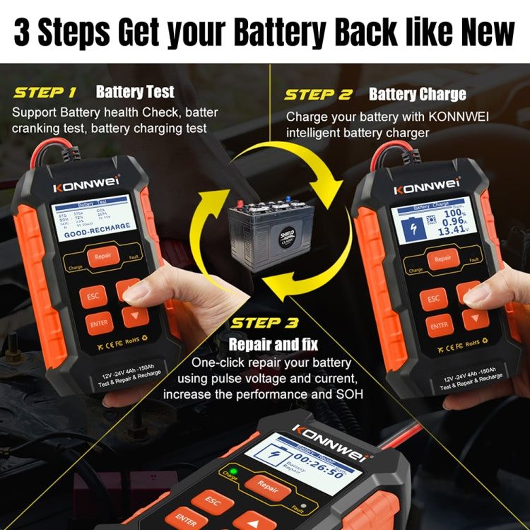 KONNWEI KW520 12V / 24V 3 in 1 Car Battery Tester with Detection & Repair & Charging Function(UK Plug) - free shipping - PMC TechLife - Order now!