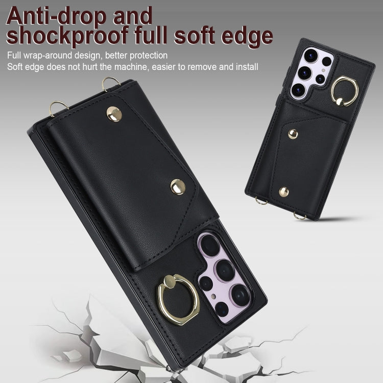 For Samsung Galaxy S23 Ultra 5G Zipper Card Bag Phone Case with Dual Lanyard(Black)