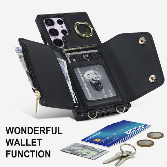 For Samsung Galaxy S23 Ultra 5G Zipper Card Bag Phone Case with Dual Lanyard(Black)