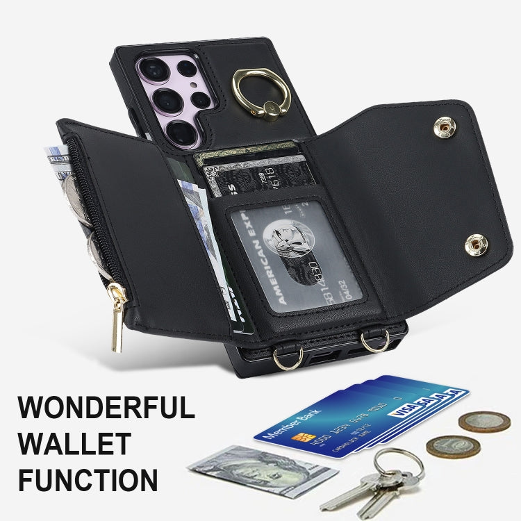 For Samsung Galaxy S23 Ultra 5G Zipper Card Bag Phone Case with Dual Lanyard(Black)
