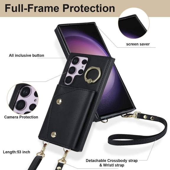 For Samsung Galaxy S23 Ultra 5G Zipper Card Bag Phone Case with Dual Lanyard(Black)