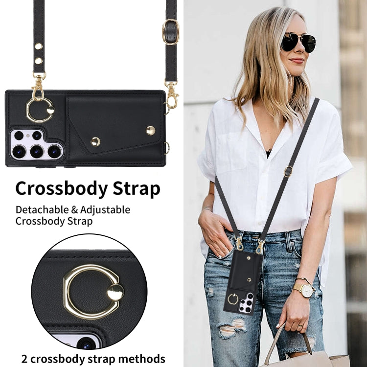 For Samsung Galaxy S23 Ultra 5G Zipper Card Bag Phone Case with Dual Lanyard(Black)