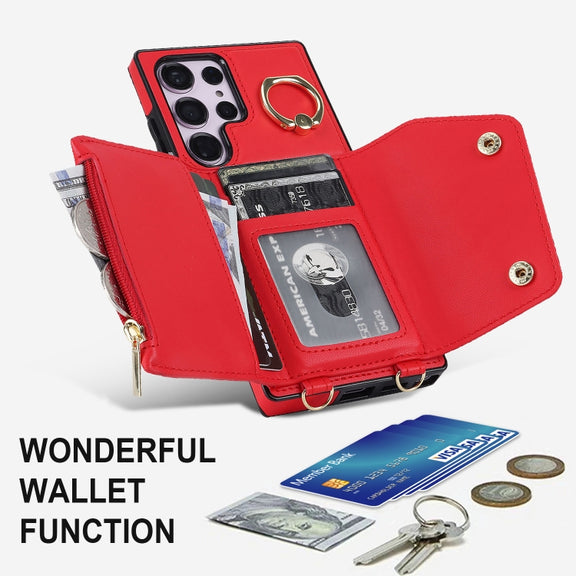 For Samsung Galaxy S23 Ultra 5G Zipper Card Bag Phone Case with Dual Lanyard(Red)