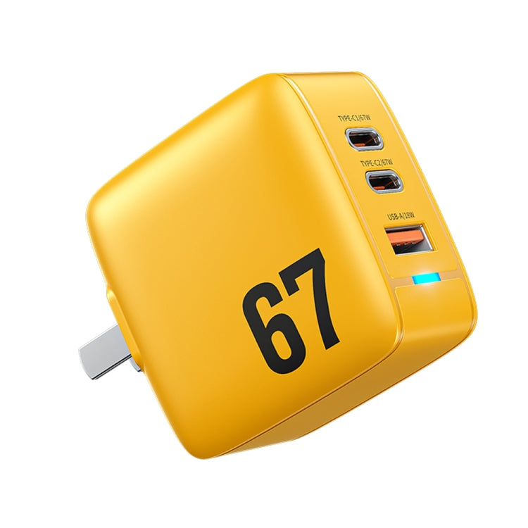 WK WP-U141 67W USB+Double USB-C / Type-C GaN Charger, Plug:CN Plug(Yellow) - free shipping - PMC TechLife - Order now!