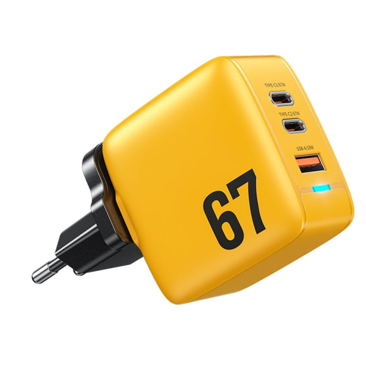 WK WP-U141 67W USB+Double USB-C / Type-C GaN Charger, Plug:EU Plug(Yellow) - free shipping - PMC TechLife - Order now!