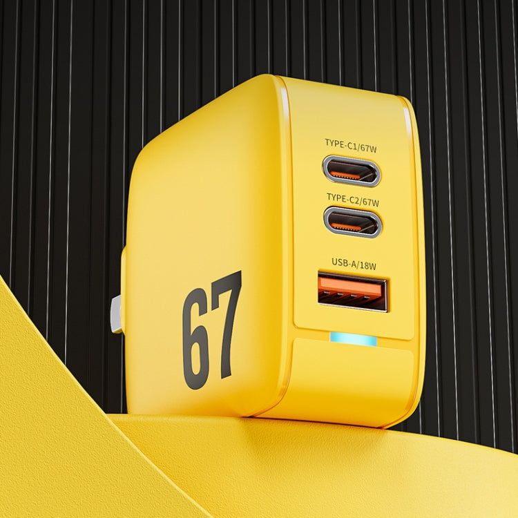 WK WP-U141 67W USB+Double USB-C / Type-C GaN Charger, Plug:EU Plug(Yellow) - free shipping - PMC TechLife - Order now!