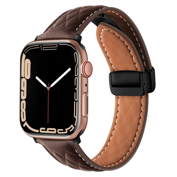 For Apple Watch SE 2022 44mm Folding Buckle Rhombus Leather Watch Band(Coffee) - Watch Bands by PMC TechLife | Online Shopping South Africa | PMC TechLife