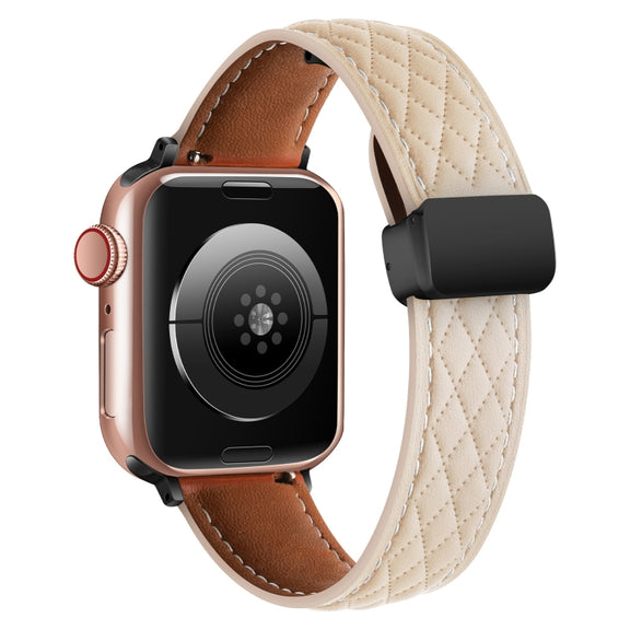 For Apple Watch 2 38mm Folding Buckle Rhombus Leather Watch Band(Apricot)