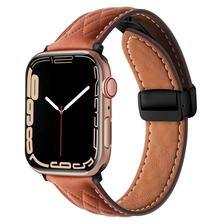 For Apple Watch SE 2023 44mm Folding Buckle Rhombus Leather Watch Band(Brown) - Watch Bands by PMC TechLife | Online Shopping South Africa | PMC TechLife | Buy Now Pay Later Mobicred