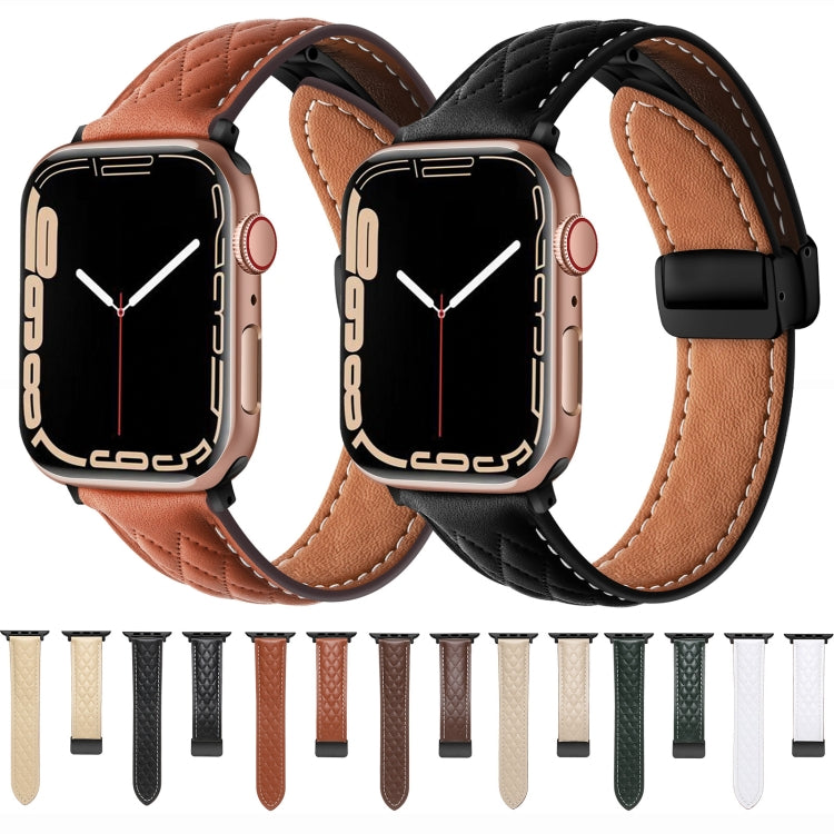 For Apple Watch 4 44mm Folding Buckle Rhombus Leather Watch Band(Starlight) - Watch Bands by PMC TechLife | Online Shopping South Africa | PMC TechLife