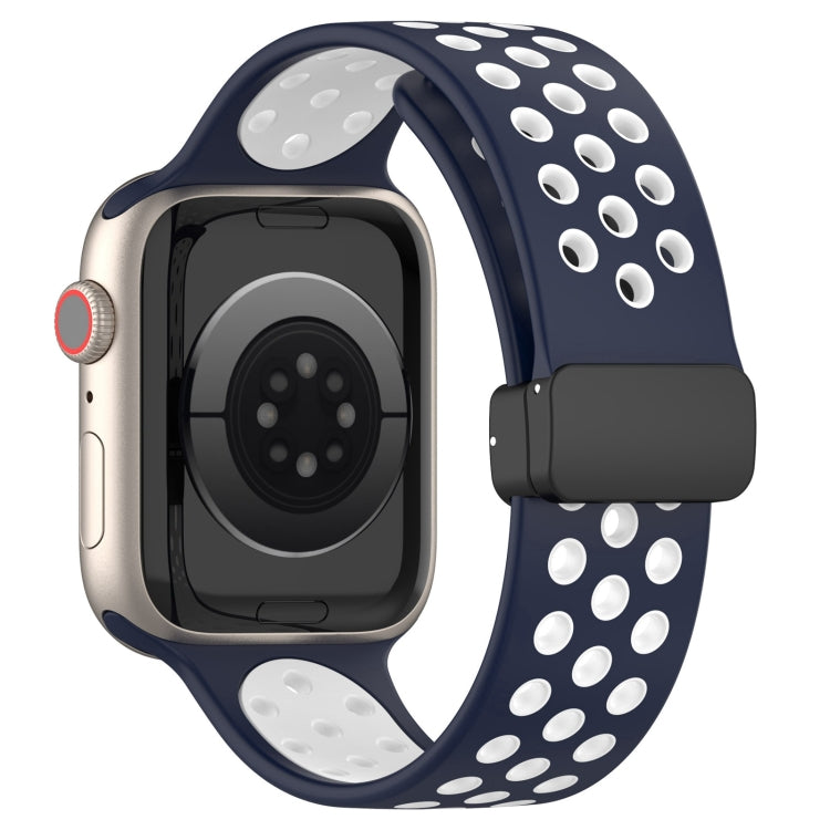 For Apple Watch SE 2022 44mm Magnetic Buckle Silicone Watch Band(Navy White)