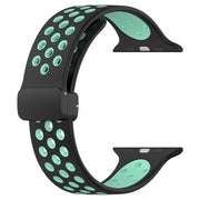 For Apple Watch SE 2023 44mm Magnetic Buckle Silicone Watch Band(Black Cyan)