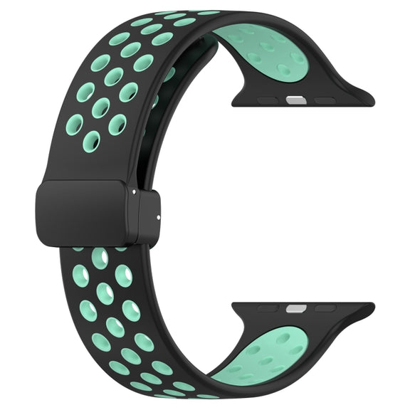 For Apple Watch SE 2023 44mm Magnetic Buckle Silicone Watch Band(Black Cyan)