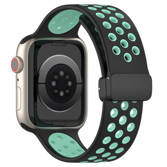 For Apple Watch SE 2023 44mm Magnetic Buckle Silicone Watch Band(Black Cyan)