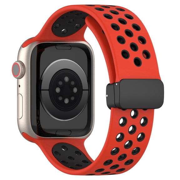 For Apple Watch Series 9 45mm Magnetic Buckle Silicone Watch Band(Red Black)