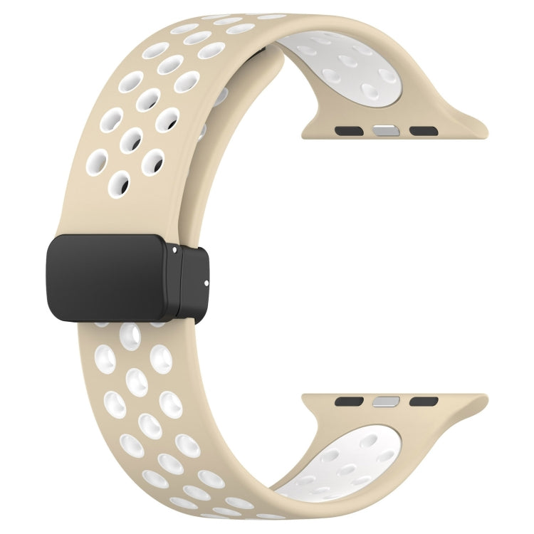 For Apple Watch Series 9 45mm Magnetic Buckle Silicone Watch Band(Khaki White)