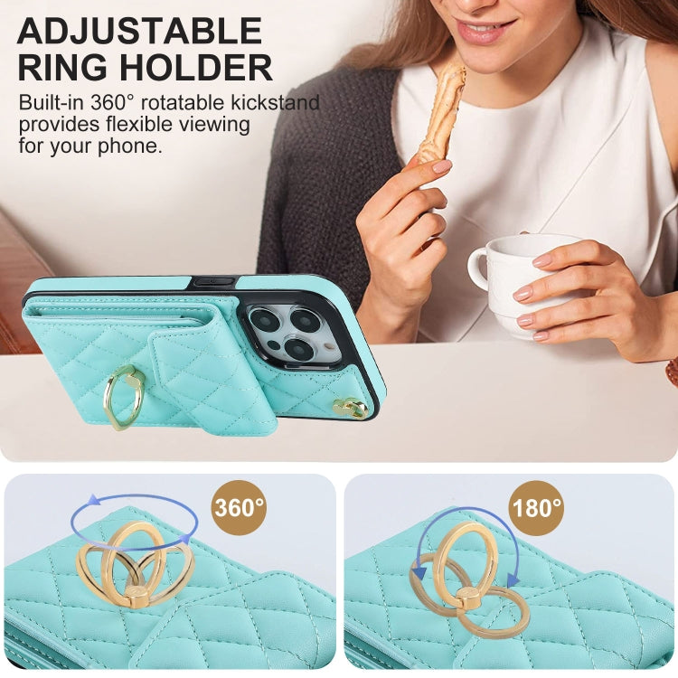 For iPhone 15 Pro Max Rhombic Texture Card Bag Phone Case with Long Lanyard(Mint Green)