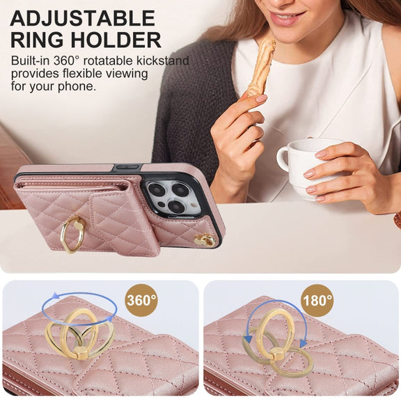 For iPhone 15 Pro Max Rhombic Texture Card Bag Phone Case with Long Lanyard(Rose Gold)