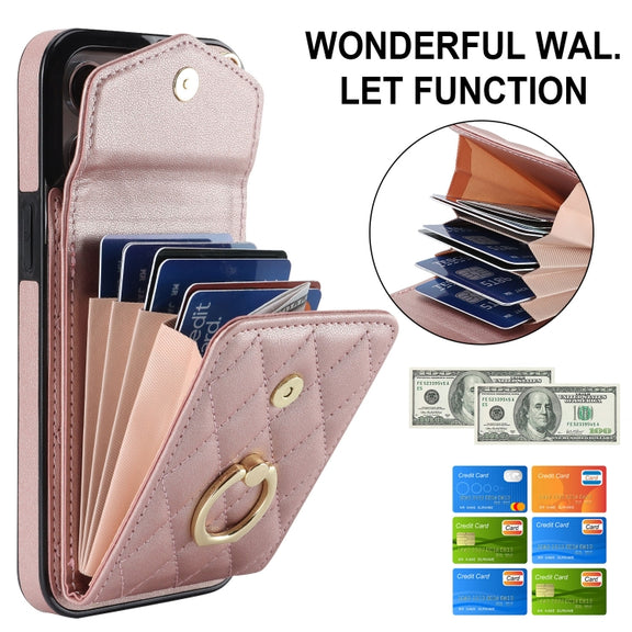 For iPhone 15 Pro Max Rhombic Texture Card Bag Phone Case with Long Lanyard(Rose Gold)
