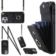 For iPhone 15 Plus Rhombic Texture Card Bag Phone Case with Long Lanyard(Black)