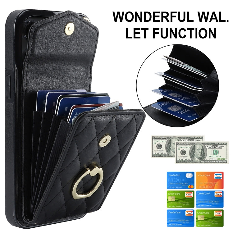 For iPhone 15 Plus Rhombic Texture Card Bag Phone Case with Long Lanyard(Black)
