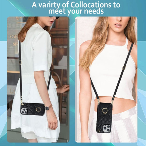 For iPhone 15 Plus Rhombic Texture Card Bag Phone Case with Long Lanyard(Black)