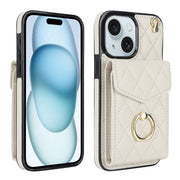 For iPhone 15 Plus Rhombic Texture Card Bag Phone Case with Long Lanyard(White)