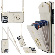 For iPhone 15 Plus Rhombic Texture Card Bag Phone Case with Long Lanyard(White)