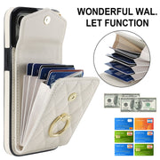 For iPhone 15 Plus Rhombic Texture Card Bag Phone Case with Long Lanyard(White)