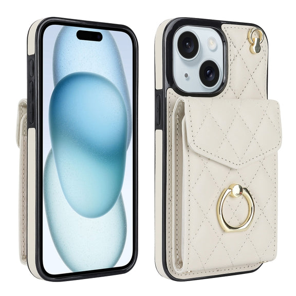 For iPhone 15 Plus Rhombic Texture Card Bag Phone Case with Long Lanyard(White)