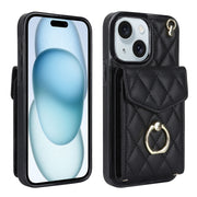 For iPhone 15 Rhombic Texture Card Bag Phone Case with Long Lanyard(Black)